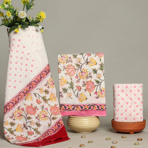 Designer Hand Block Print Cotton Suit Set with Mulmul Dupatta (PRMUL61)